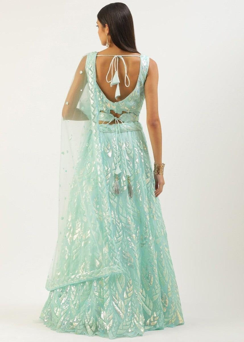 Aqua Blue Sequins Work Net Bridesmaids Lehenga Choli