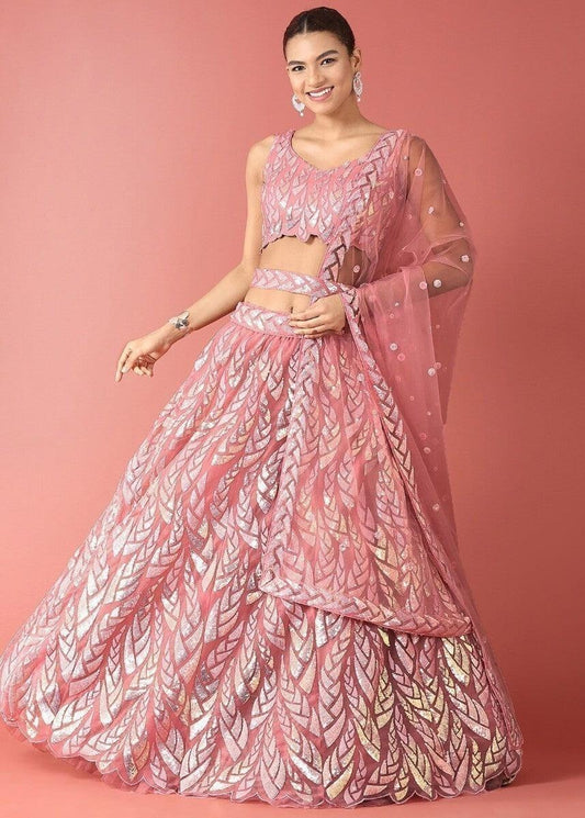 Pastel Pink Sequins Work Net Bridesmaids Lehenga Choli