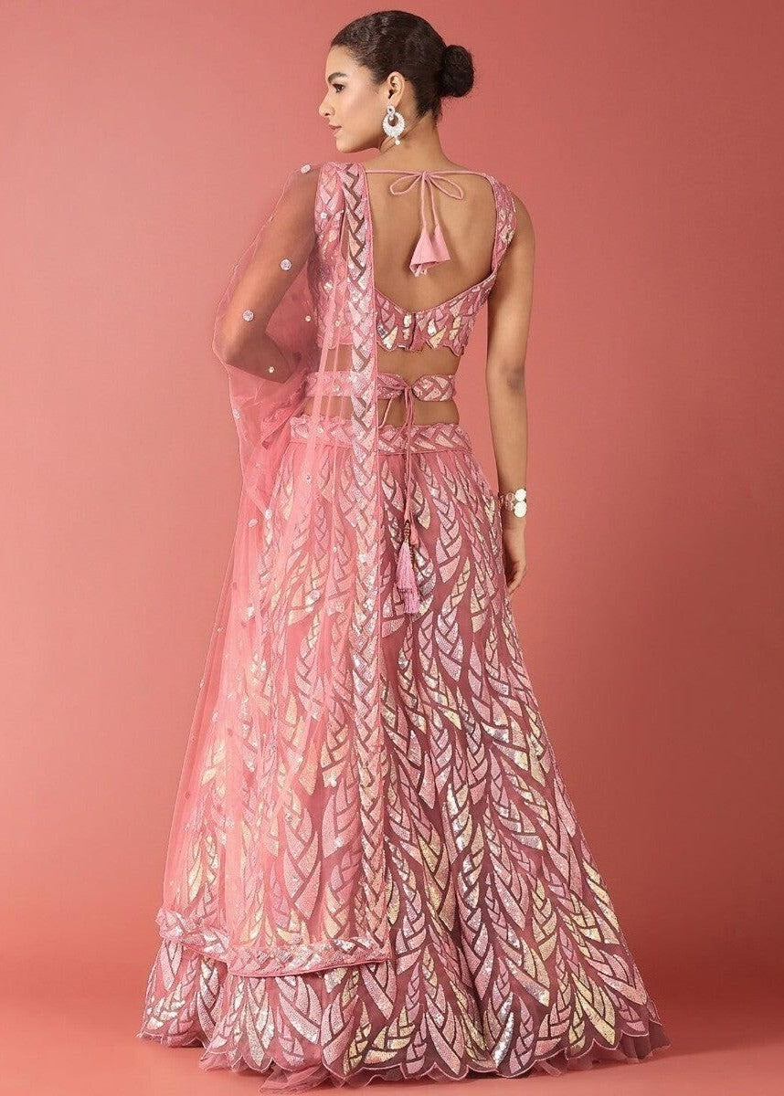 Pastel Pink Sequins Work Net Bridesmaids Lehenga Choli