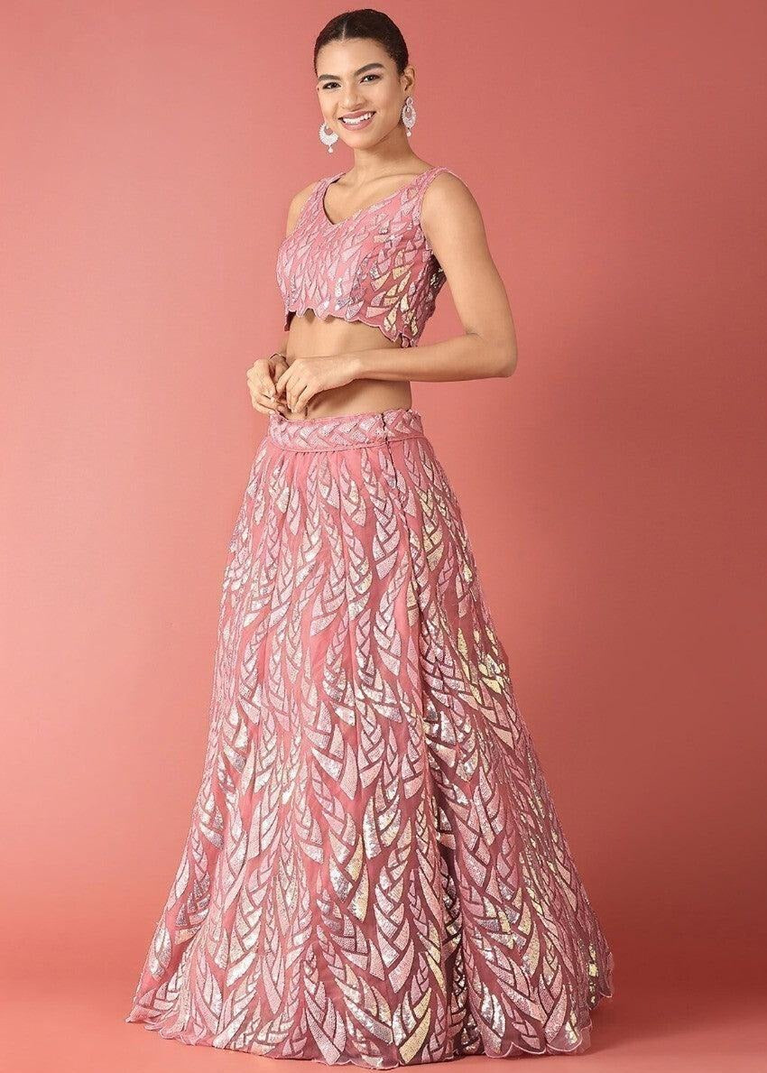 Pastel Pink Sequins Work Net Bridesmaids Lehenga Choli