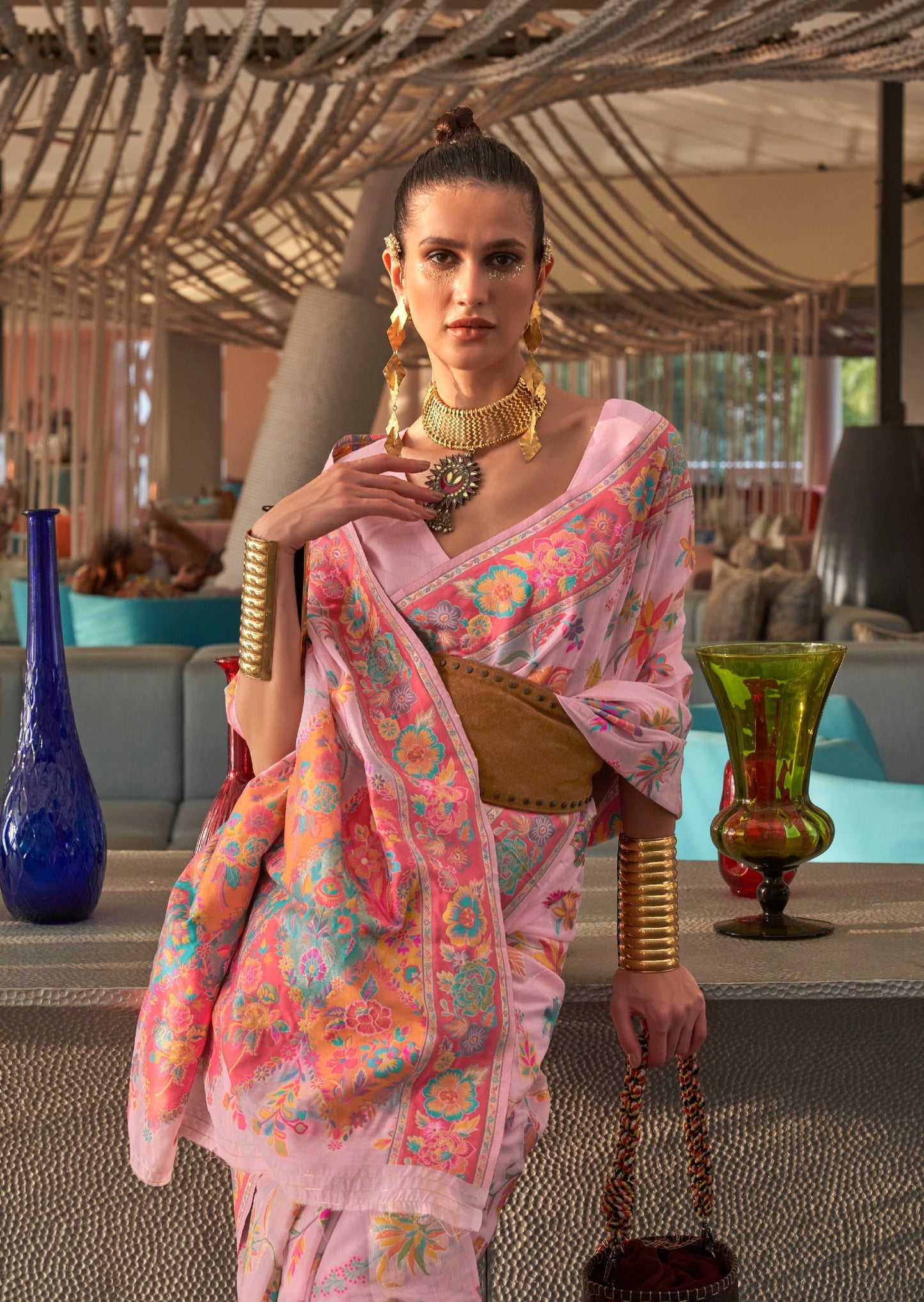 Kashmiri Silk Baby Pink Handloom Saree