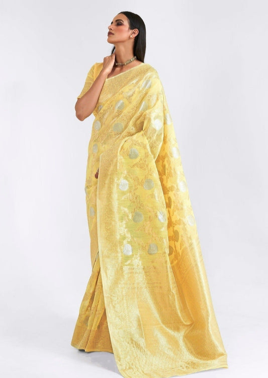 Yellow handloom linen banarasi saree with zari work online shopping with price.