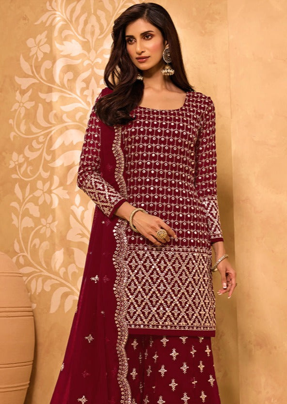Maroon Red Georgette Sharara Suit