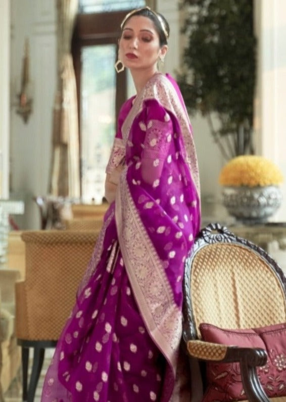 Pure Handloom Organza Magenta Pink Saree