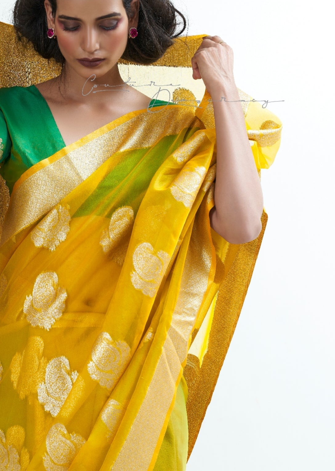 Pure Handloom Organza Bridal Yellow Saree