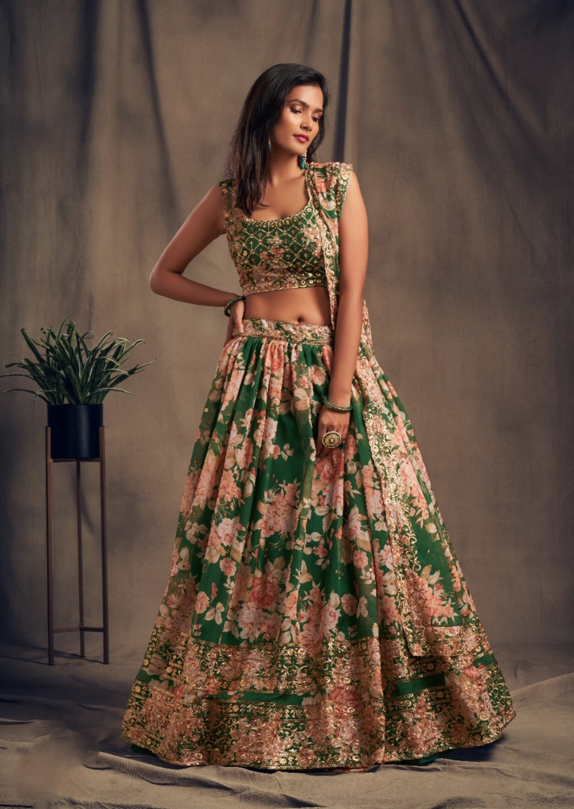 Floral Green Organza Lehenga Choli Set