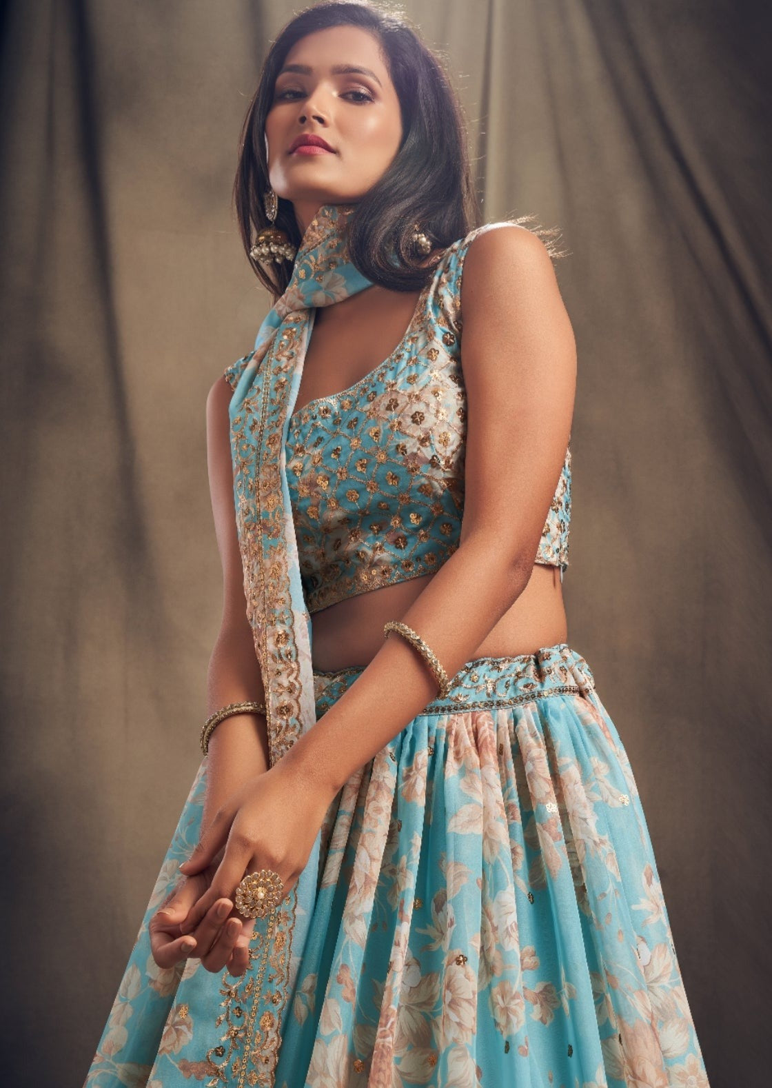 Floral Sky Blue Organza Lehenga Choli Set With Dupatta