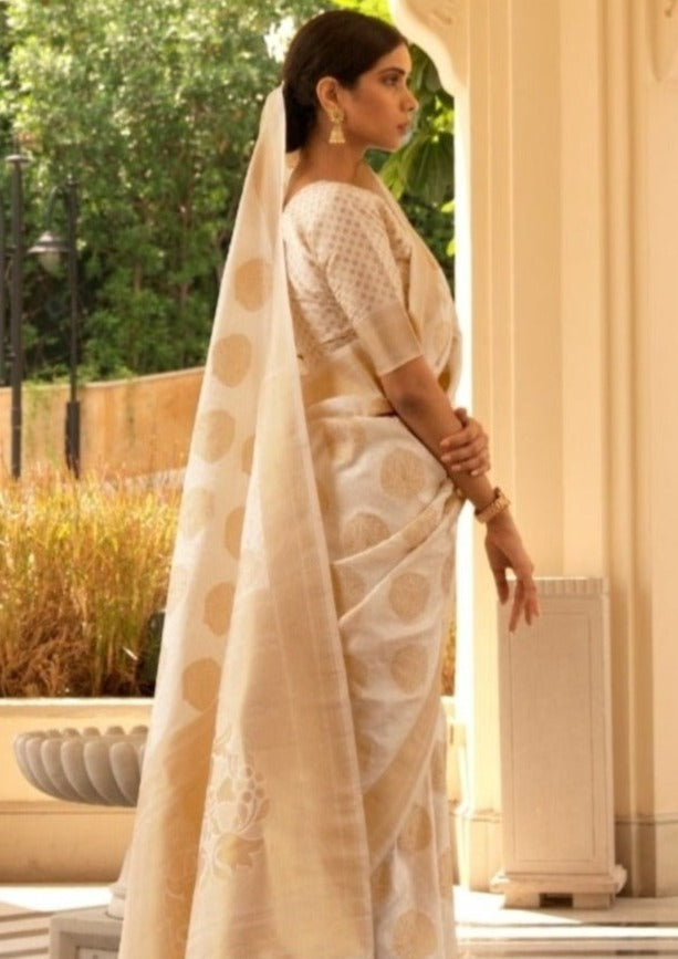 White banarasi silk saree with golden border online.