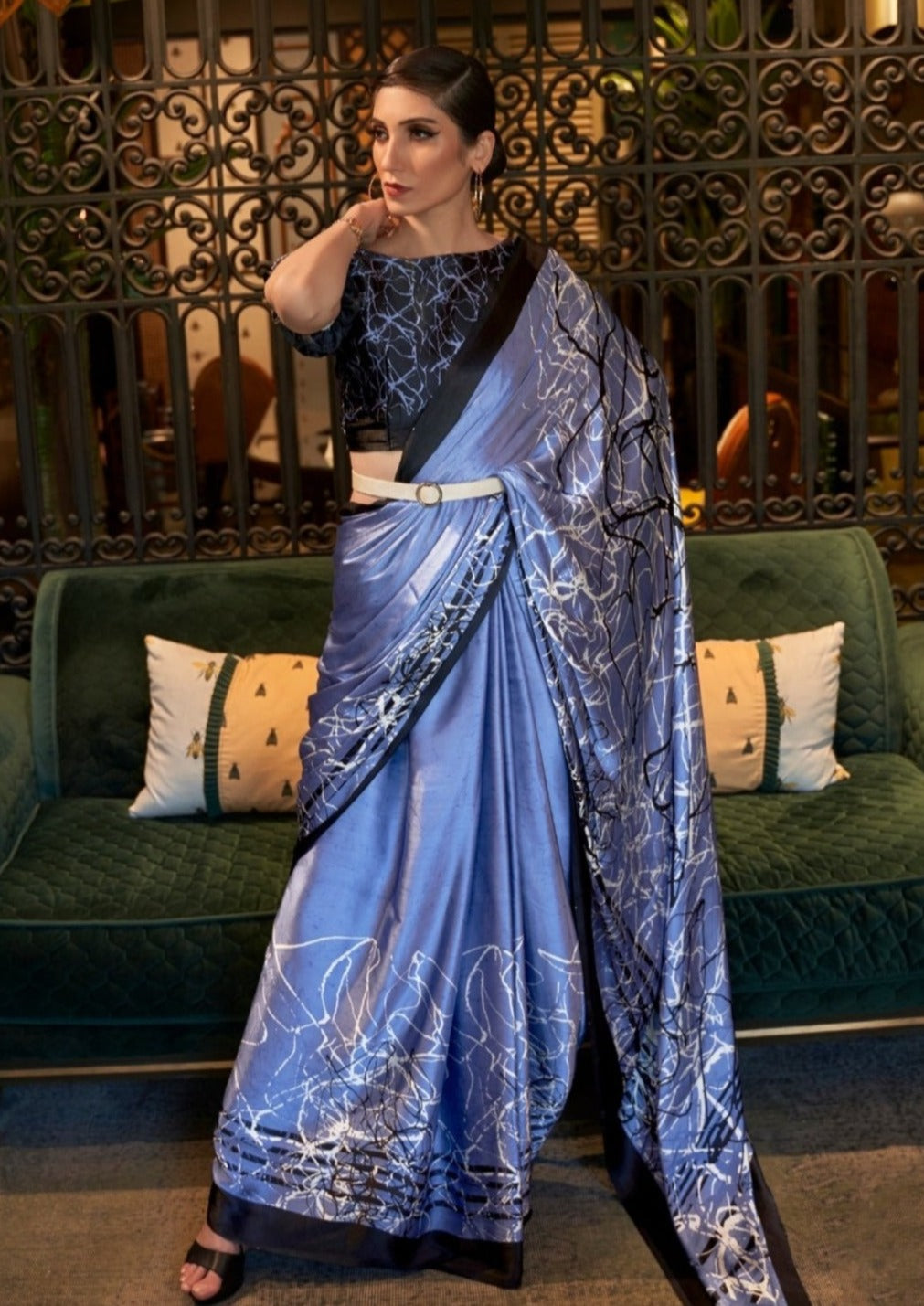 Digital Print Pure Satin Crepe Silk Lotus Blue Saree