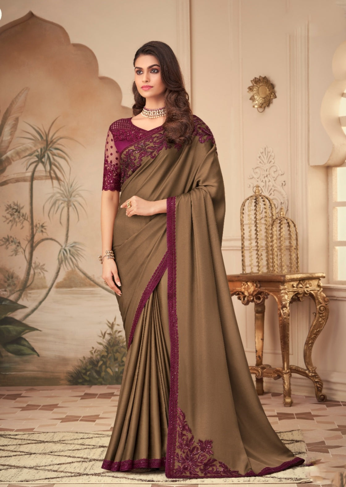Satin Silk Coffee Brown Saree