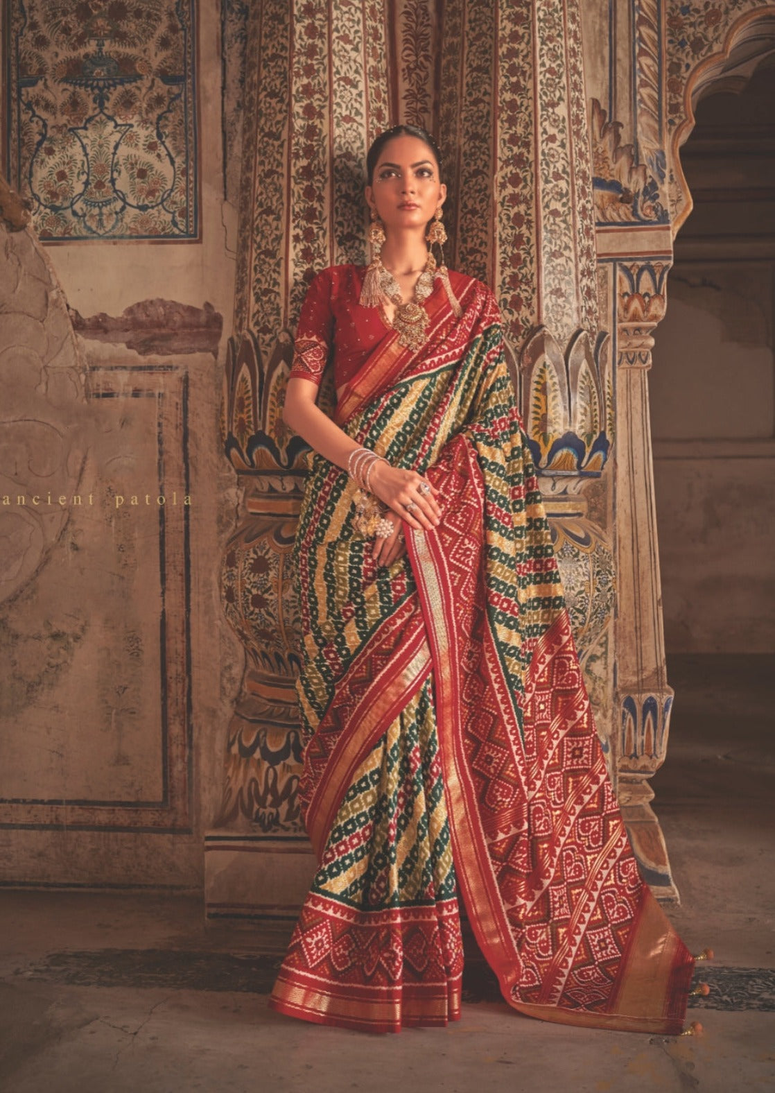 Patola Ikat Red and Green Saree
