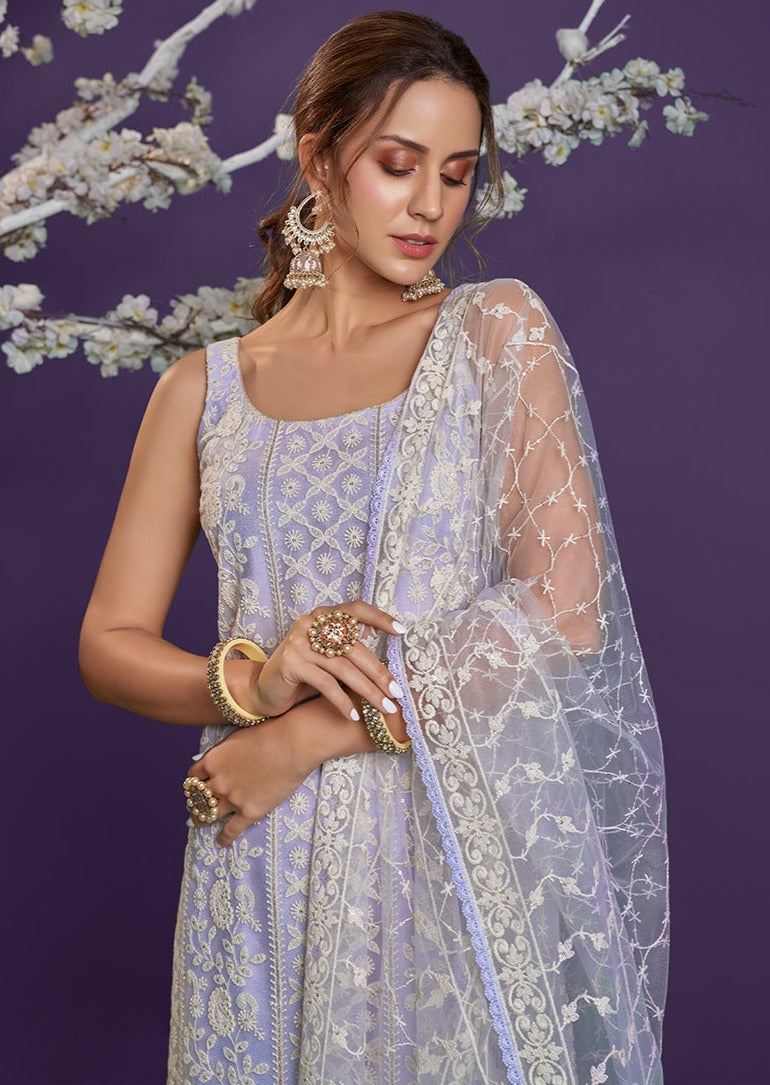 Lucknowi Thread Embroidery Lavender Purple Net Suit