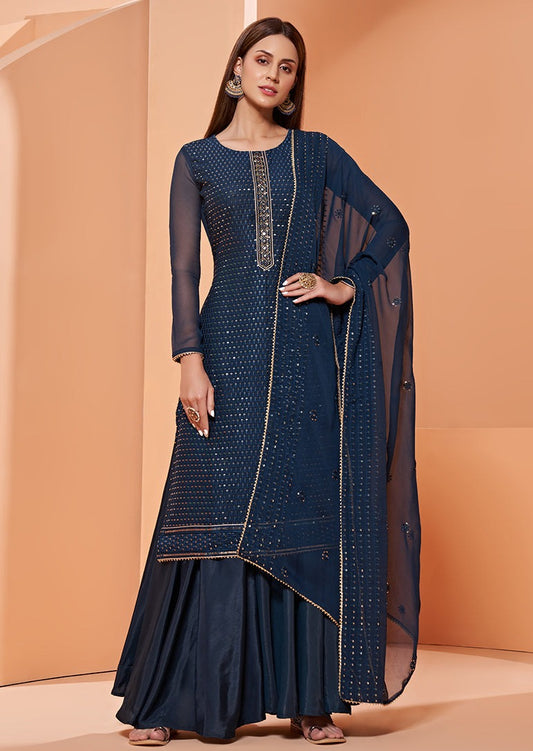 Semi-stitched Navy Blue Sharara Suit