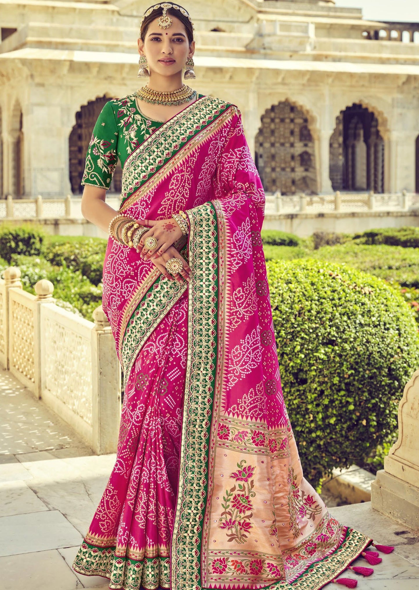 Bandhani Patola Banarasi Silk Pink Bridal Saree