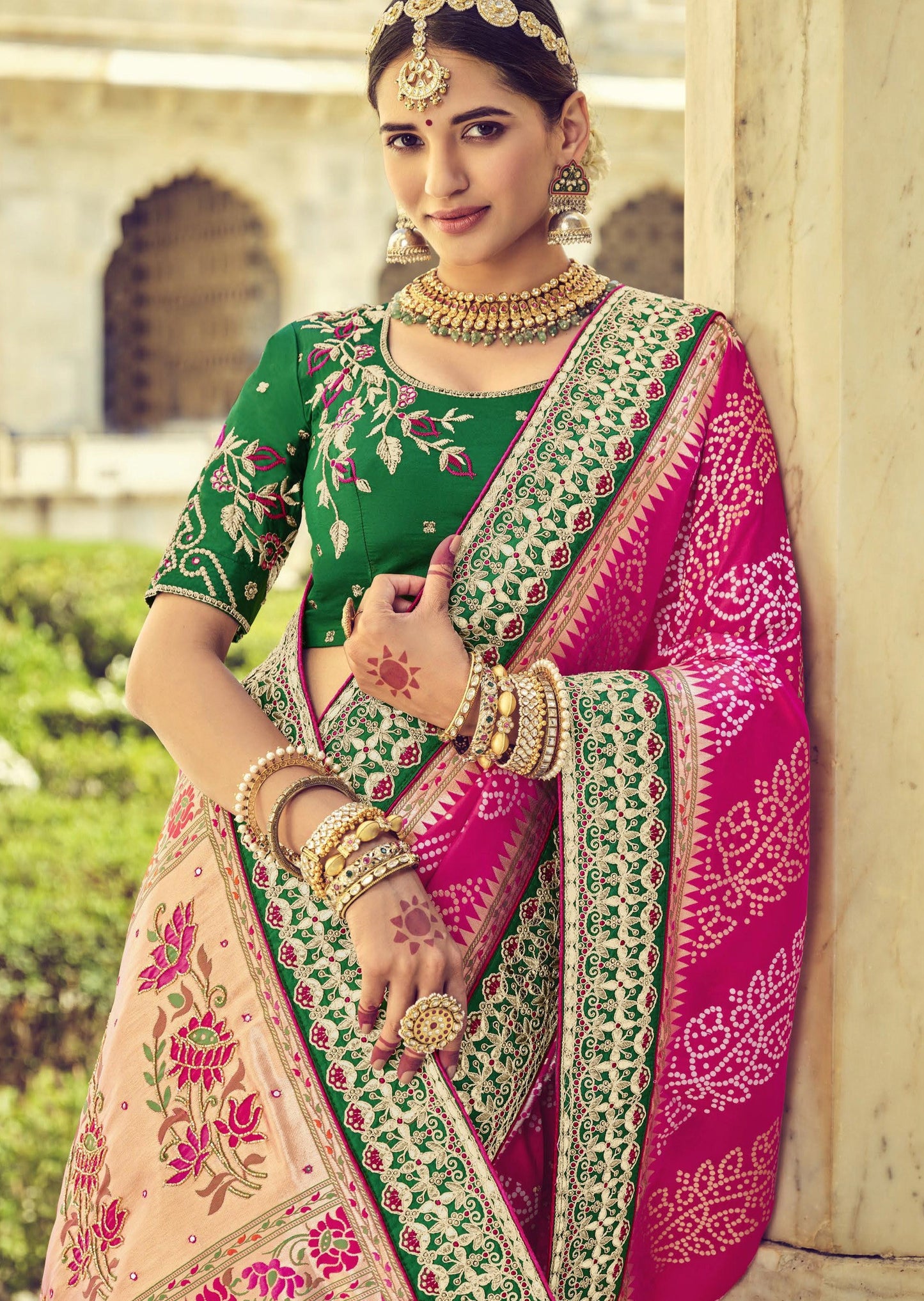 Bandhani Patola Banarasi Silk Pink Bridal Saree