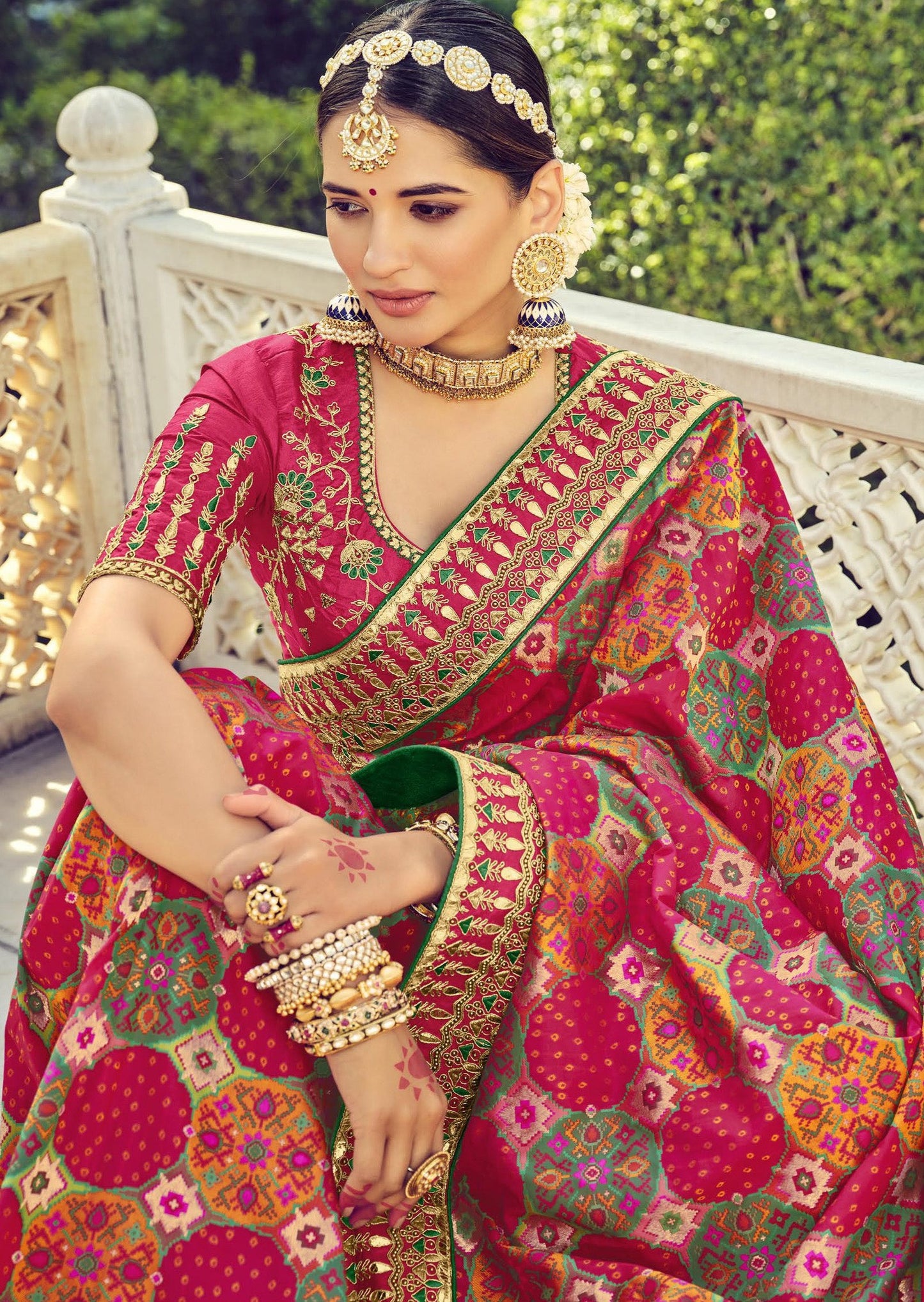 Bandhani Patola Banarasi Silk Red Multicolor Bridal Saree