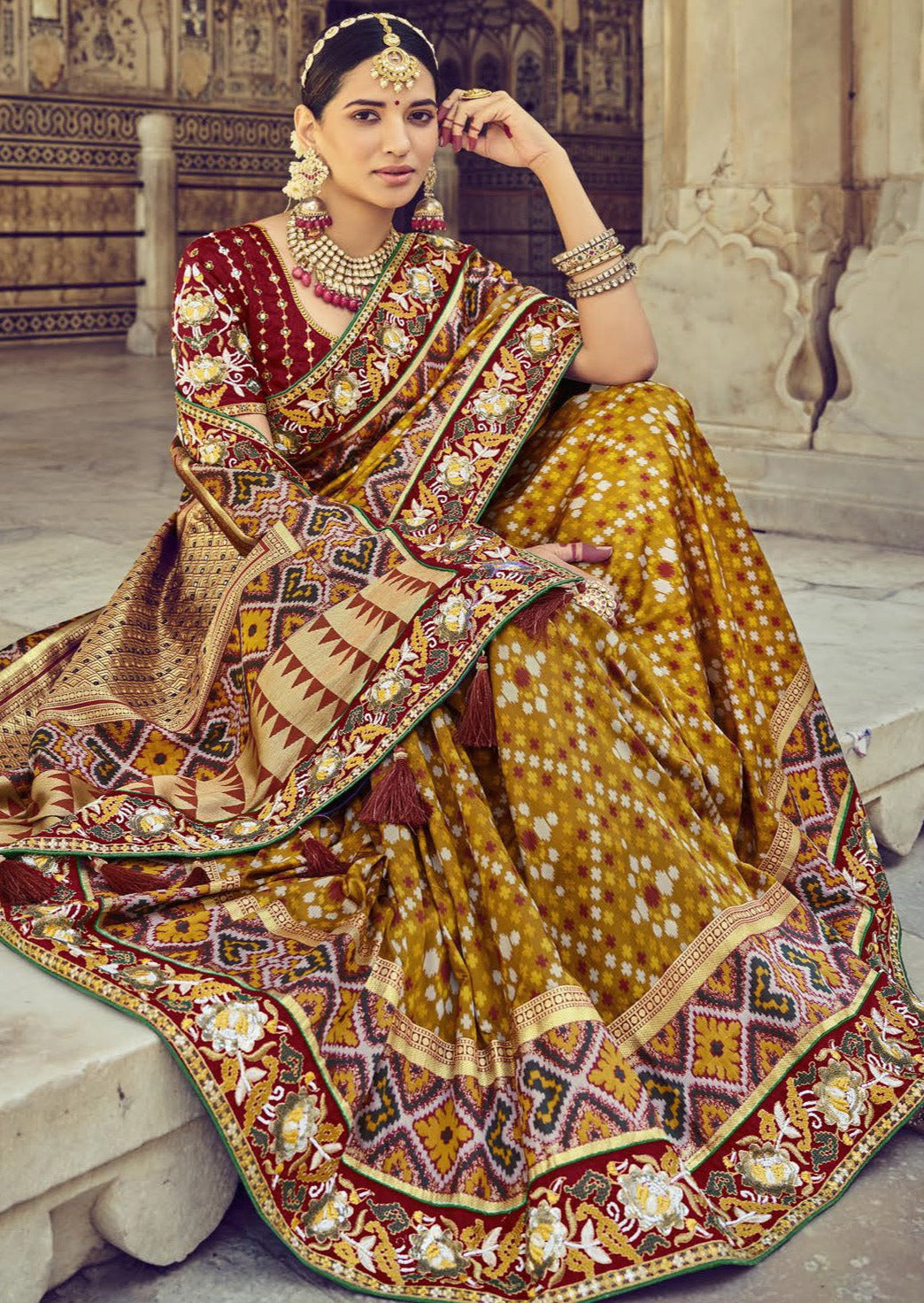 Patola Silk Mustard Yellow Resham Work Saree