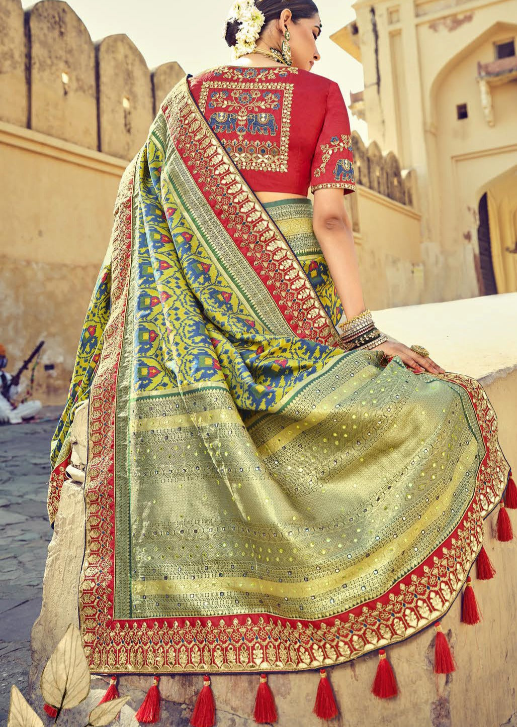 Double Ikat Patola Silk Lawn Green Bridal Saree