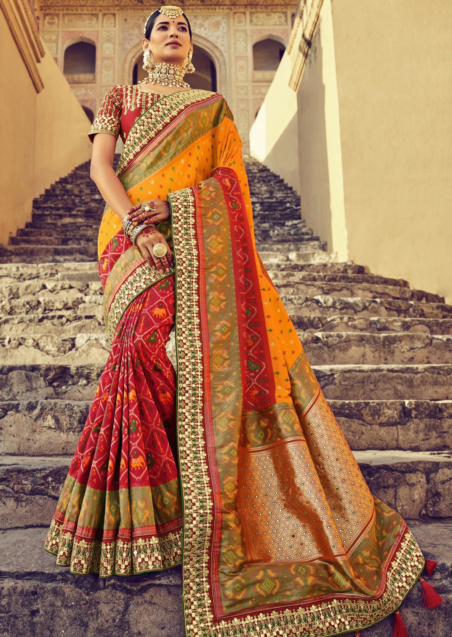 Banarasi Patola Silk Red and Yellow Bridal Saree