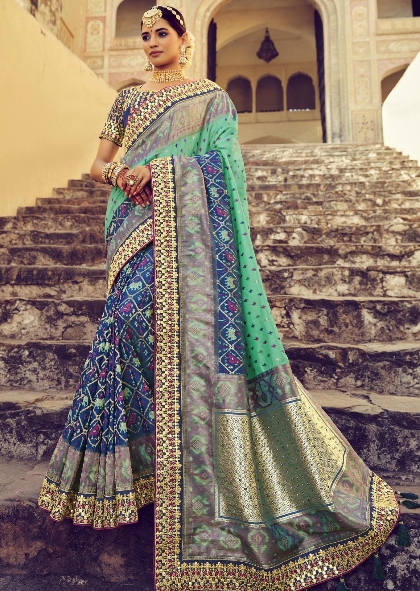 Double Ikkat Patola Silk Two Tone Blue Bridal Saree