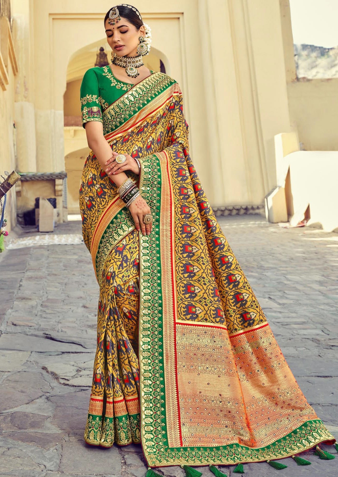 Double Ikkat Patan Patola Silk Yellow Bridal Saree