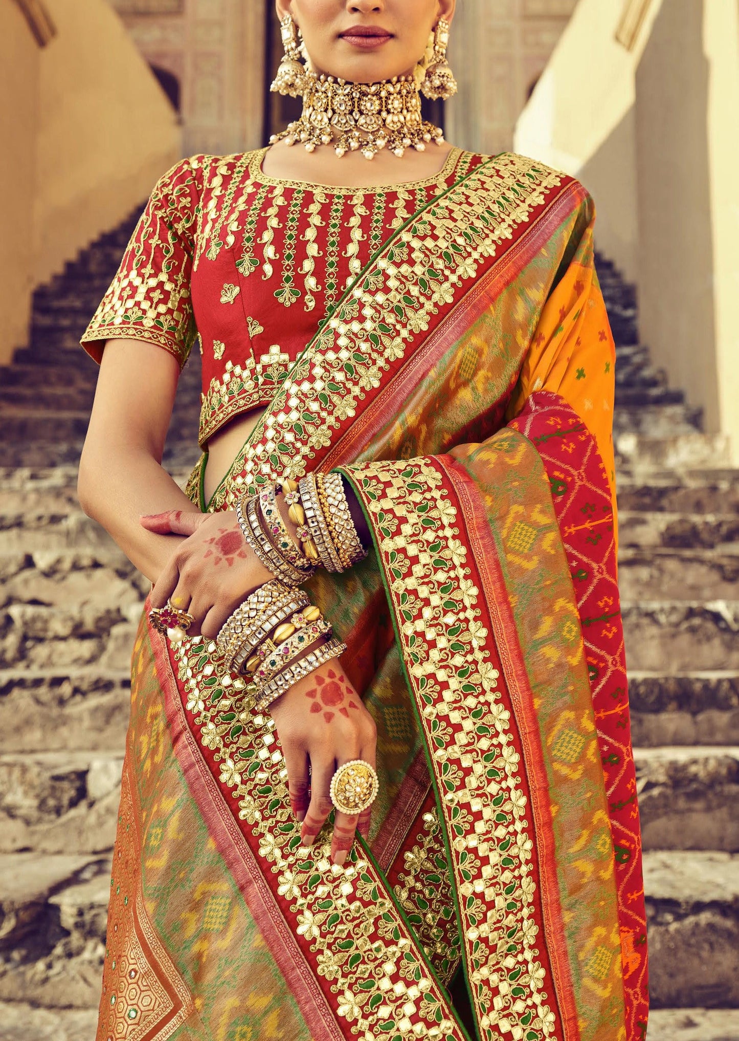 Banarasi Patola Silk Red and Yellow Bridal Saree