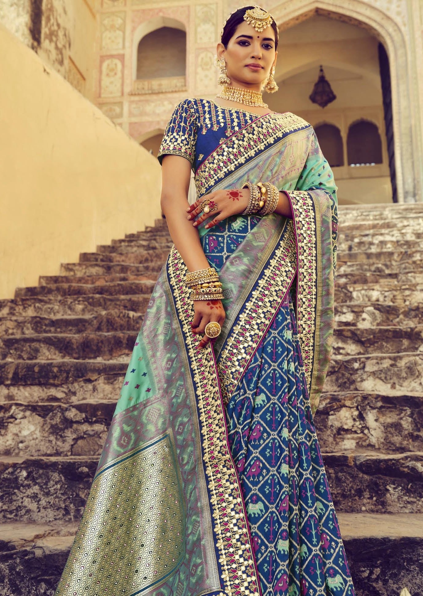 Double Ikkat Patola Silk Two Tone Blue Bridal Saree