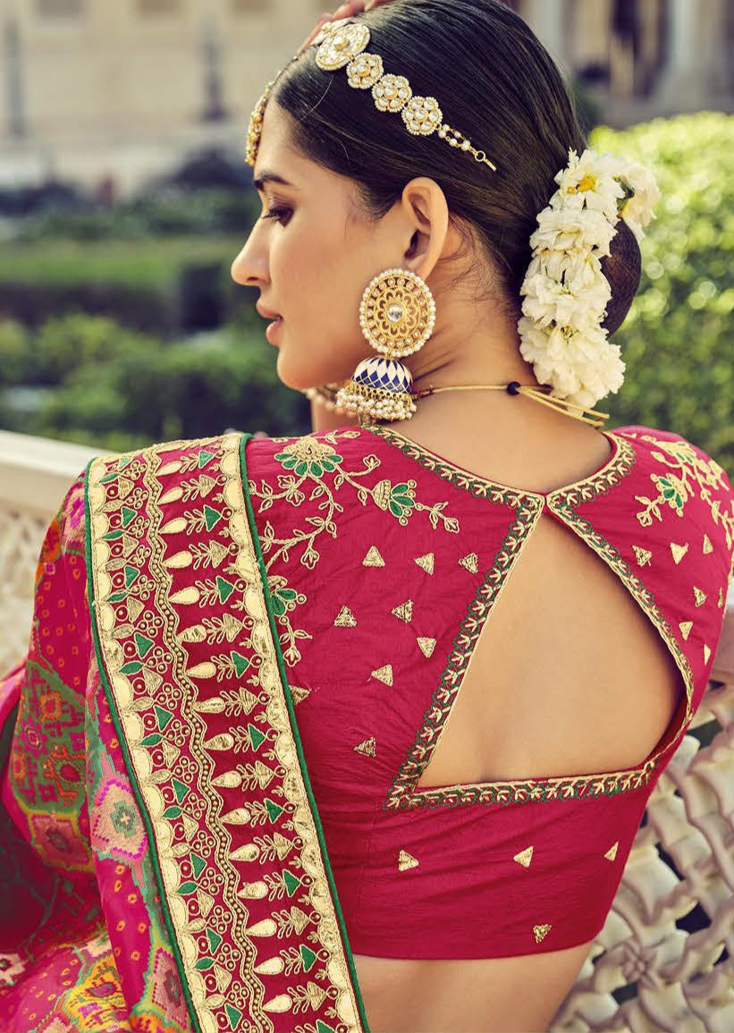 Bandhani Patola Banarasi Silk Red Multicolor Bridal Saree
