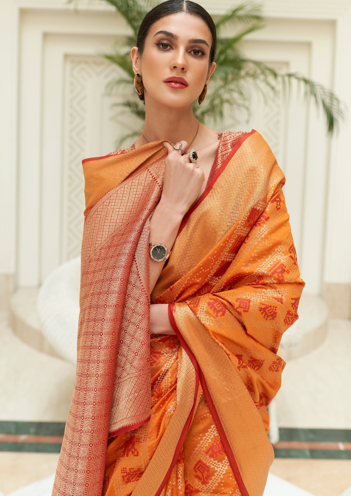 Bandhej Patola Silk Orange Bandhani Saree