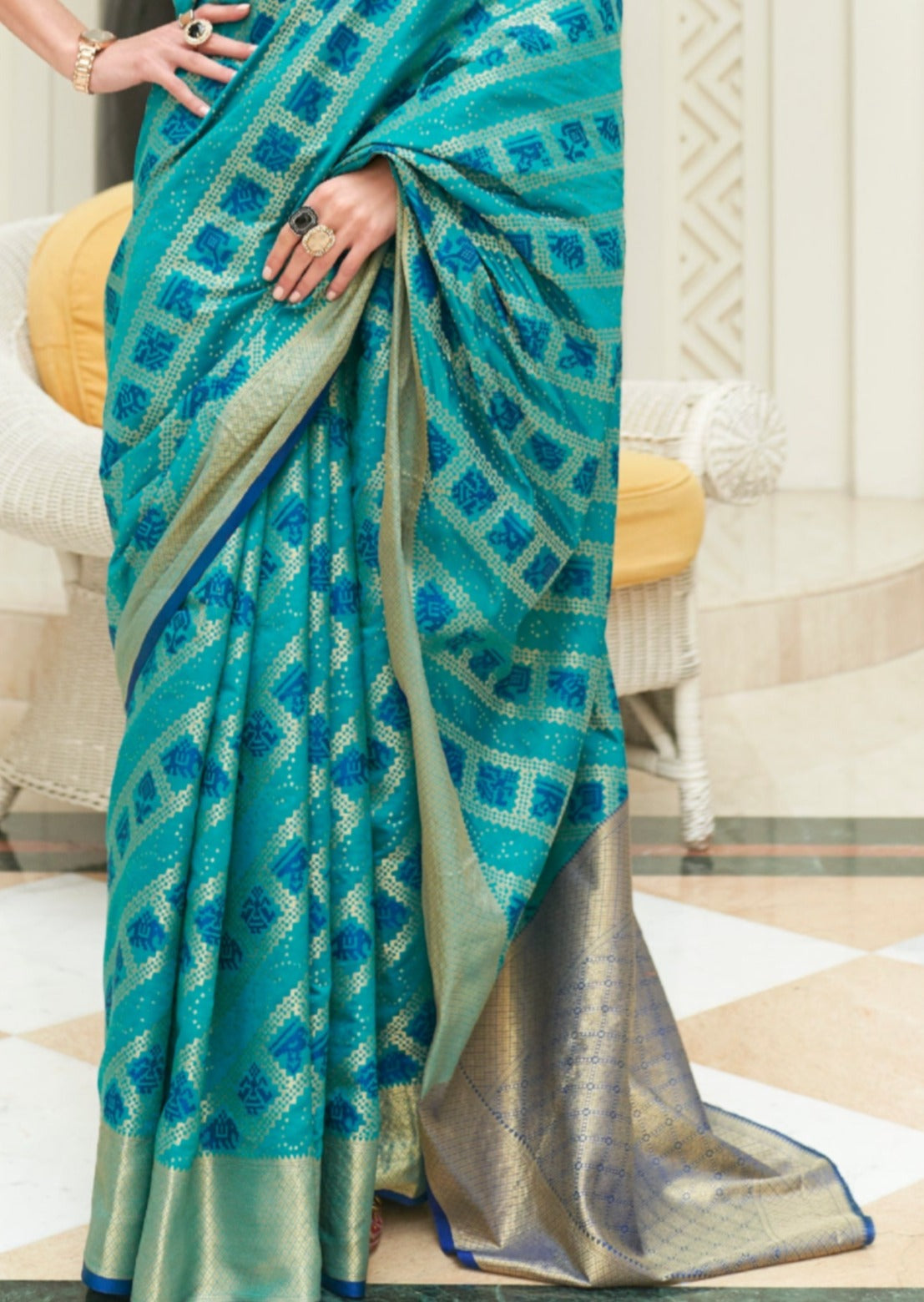 Bandhej Patola Silk Turquoise Blue Bandhani Saree