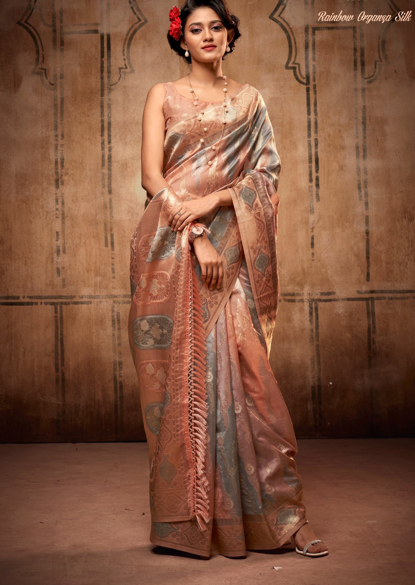 Handloom banarasi organza saree in grey colour online for sale.