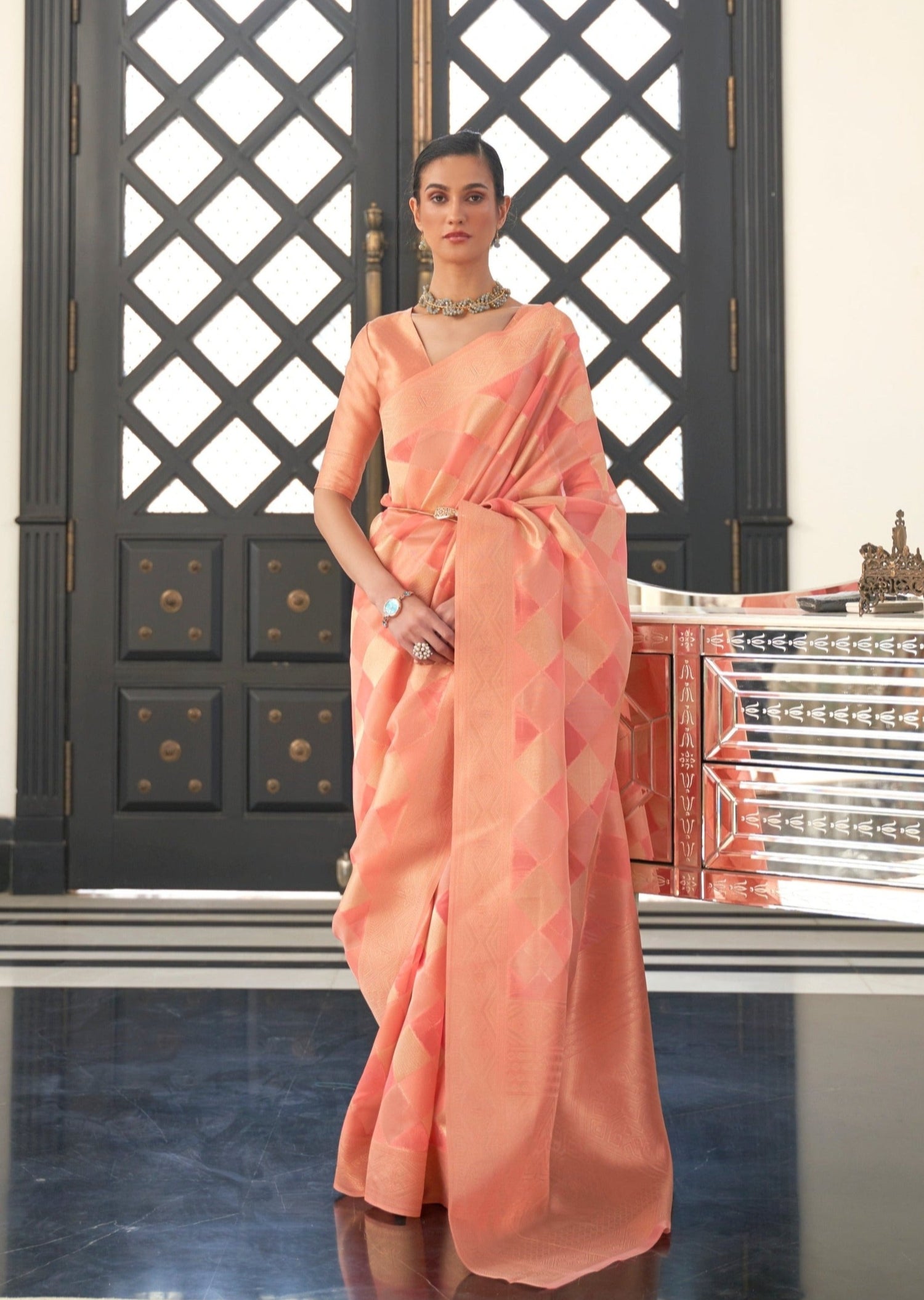 Peach organza saree online