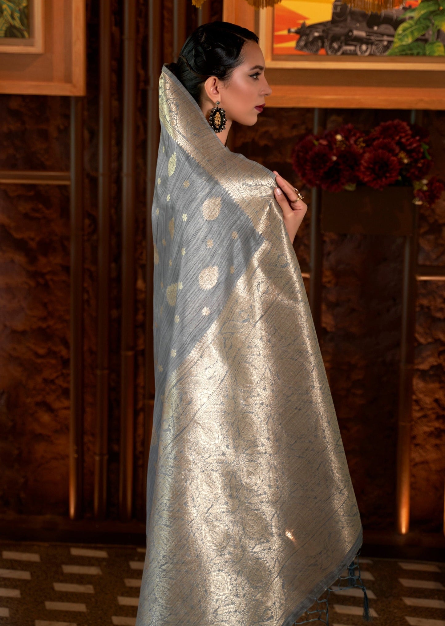 Handloom Tussar Silk Grey Saree