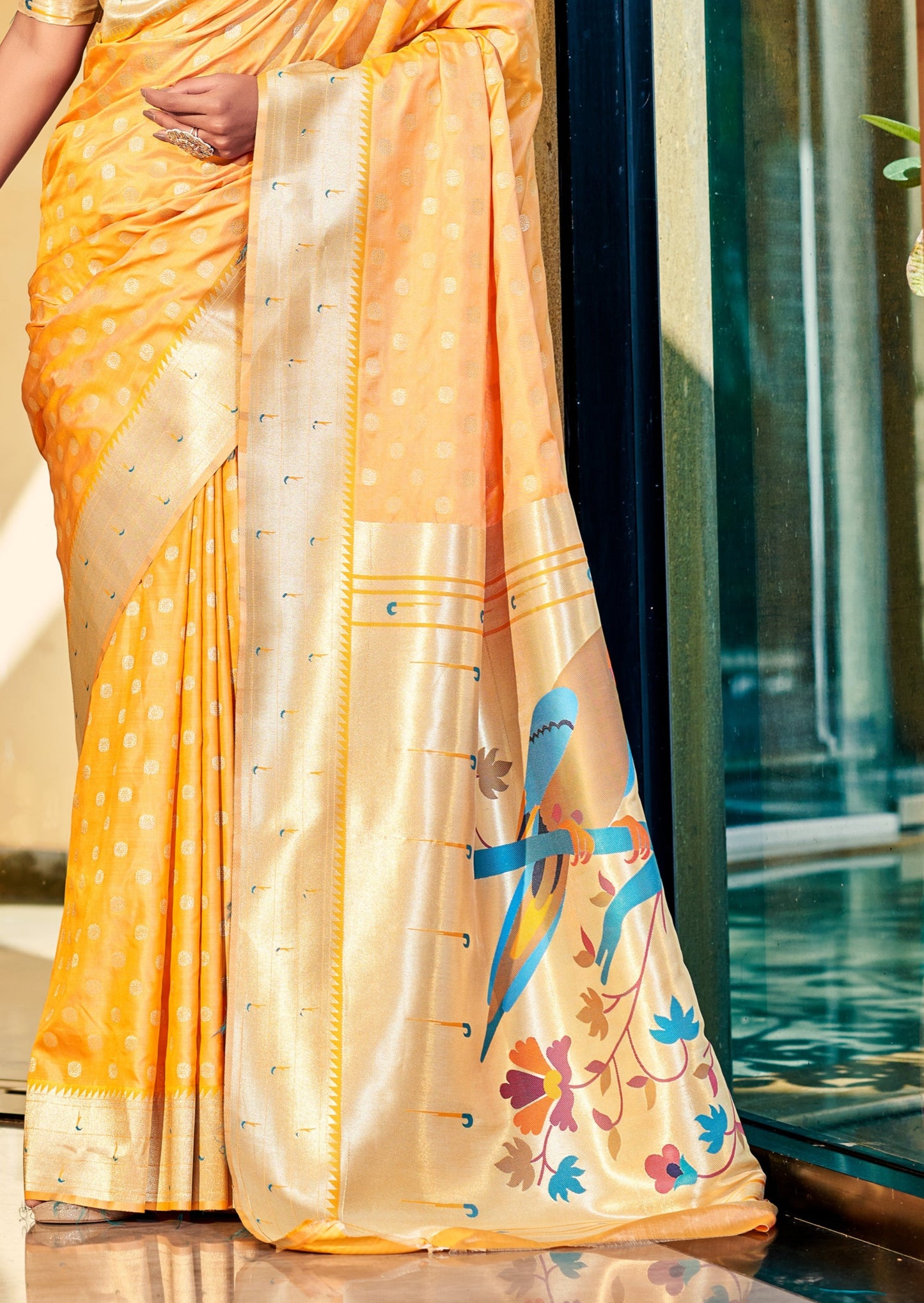 Yellow Paithani Silk Saree pallu