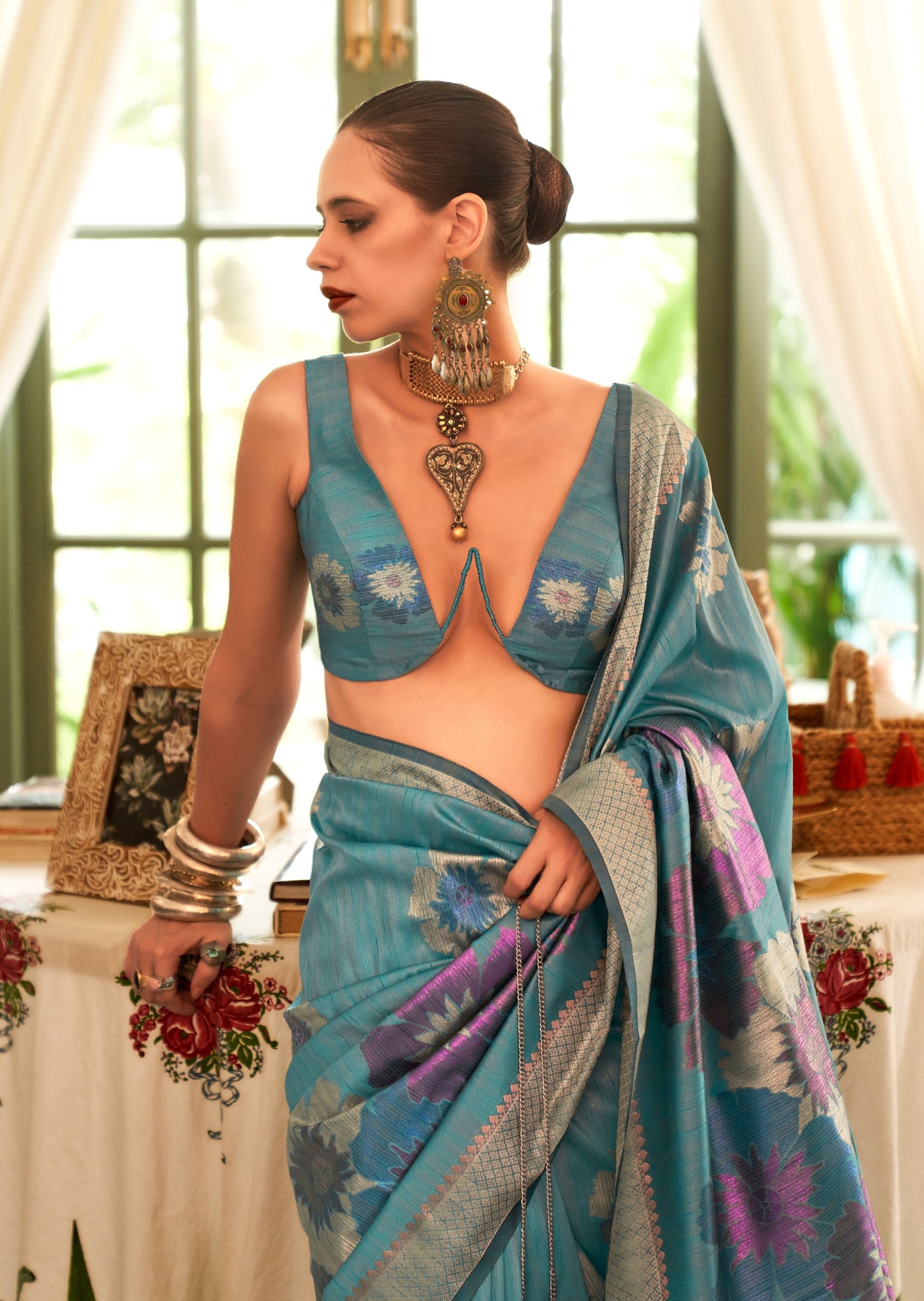 Kalki Koechlin Pure Handloom Silk Sky Blue Saree
