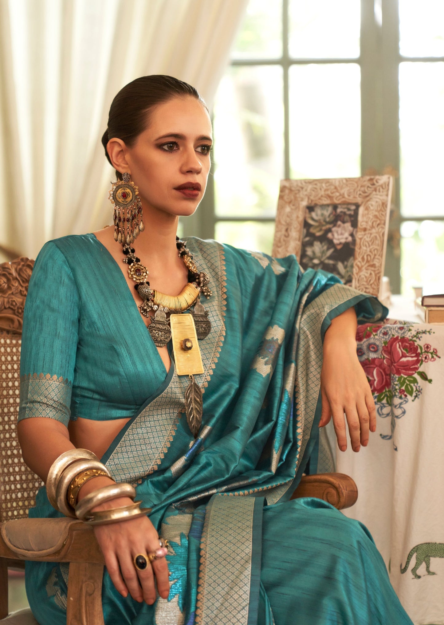 Kalki Koechlin Pure Handloom Silk Firozi Blue Saree