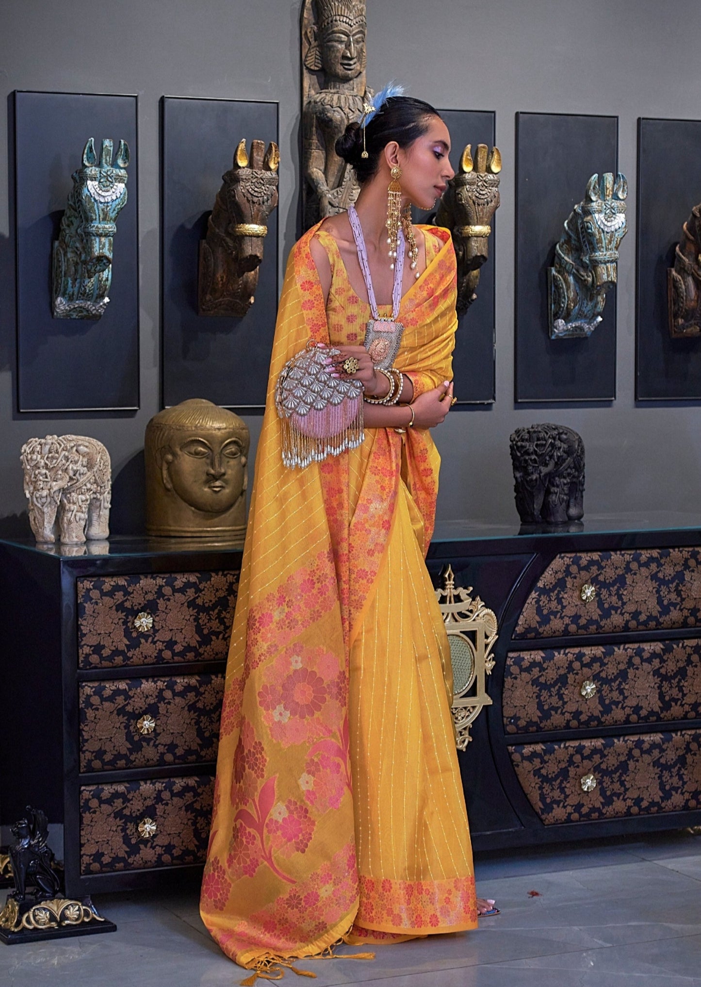 Pure Organza Yellow Handloom Saree