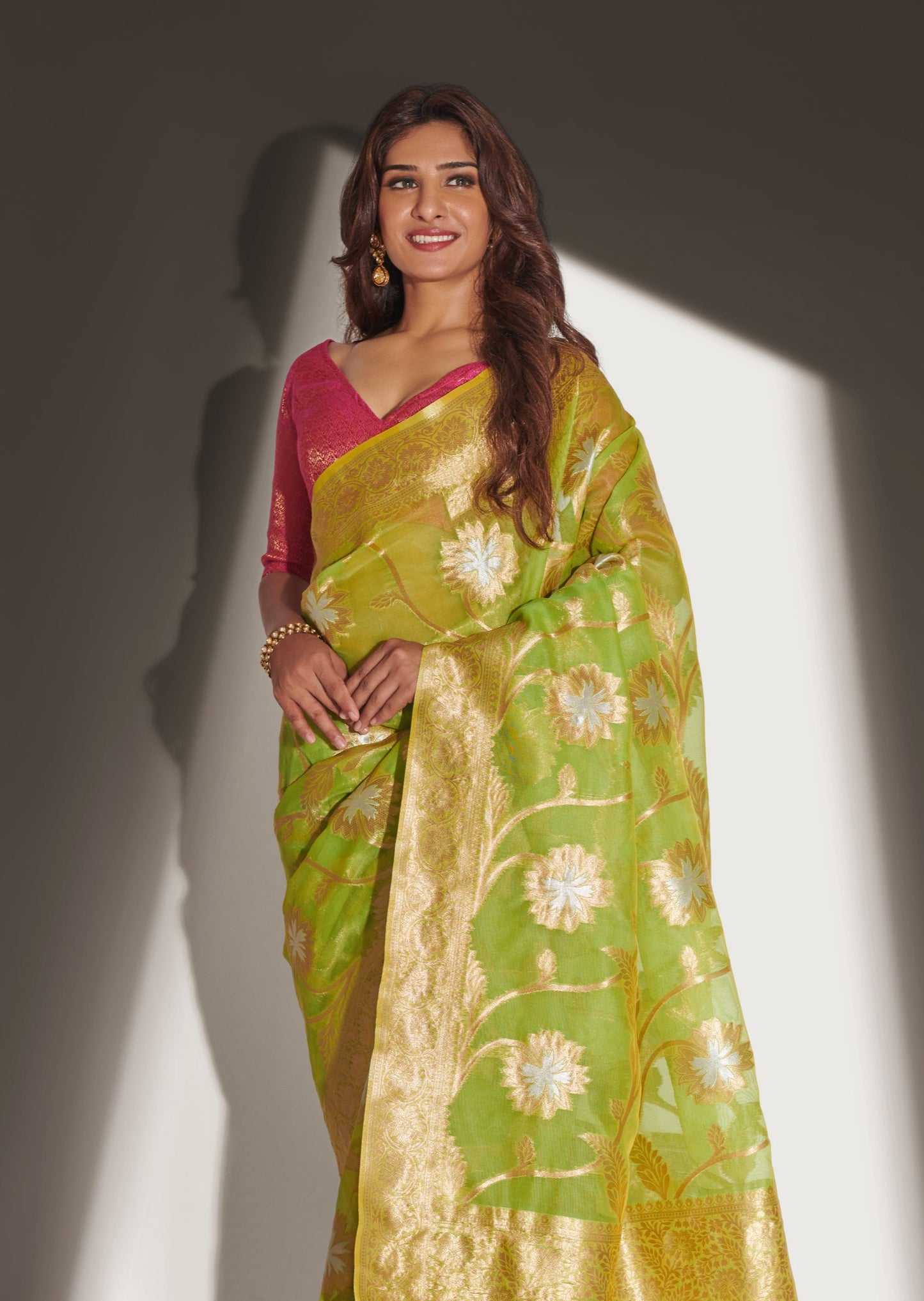 Marathi Actress Neha Khan in Pure Handloom Banarasi Organza Light Green Saree
