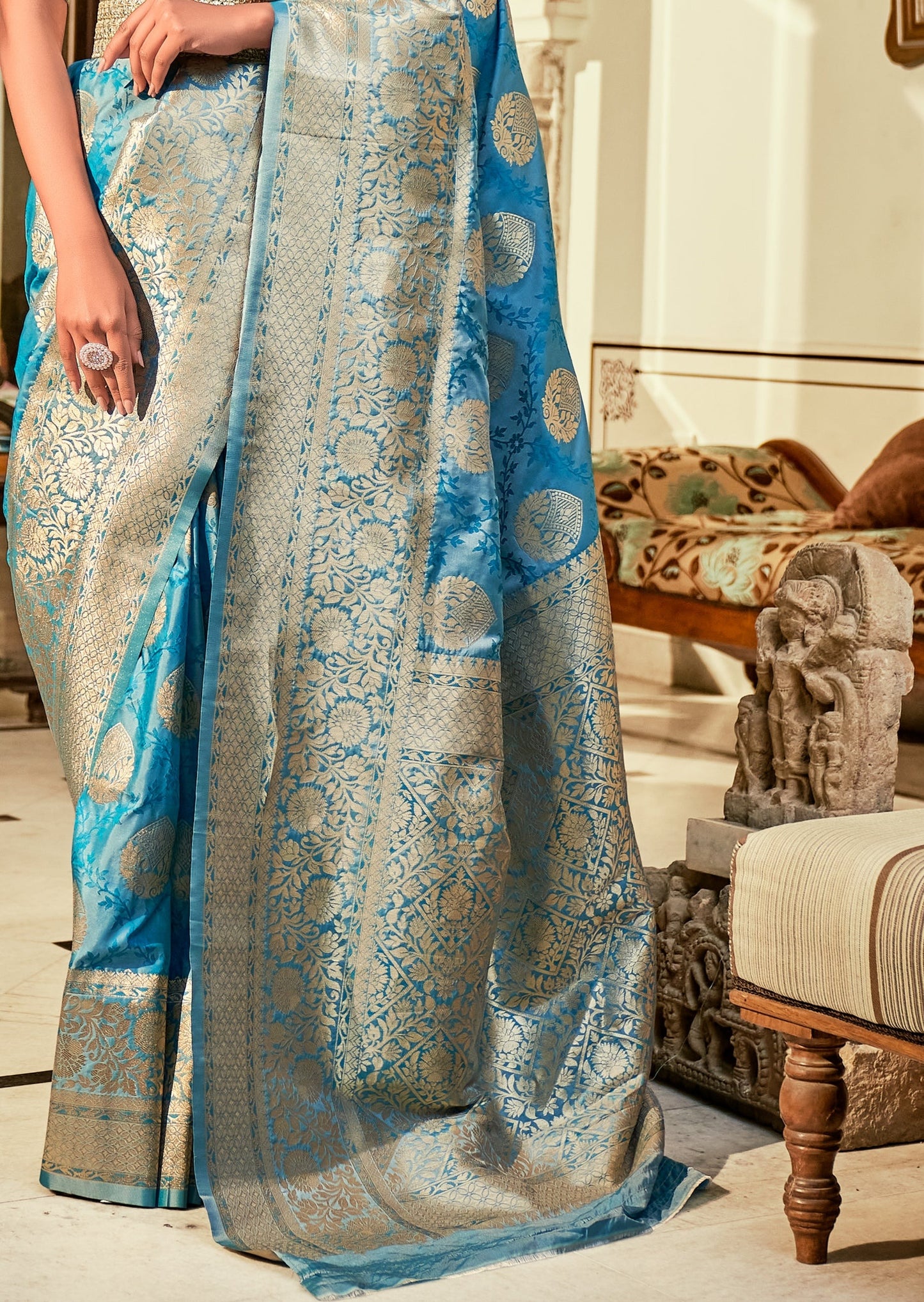 Kamalam: Pure Katan Silk Banarasi Handloom Turquoise Blue Saree