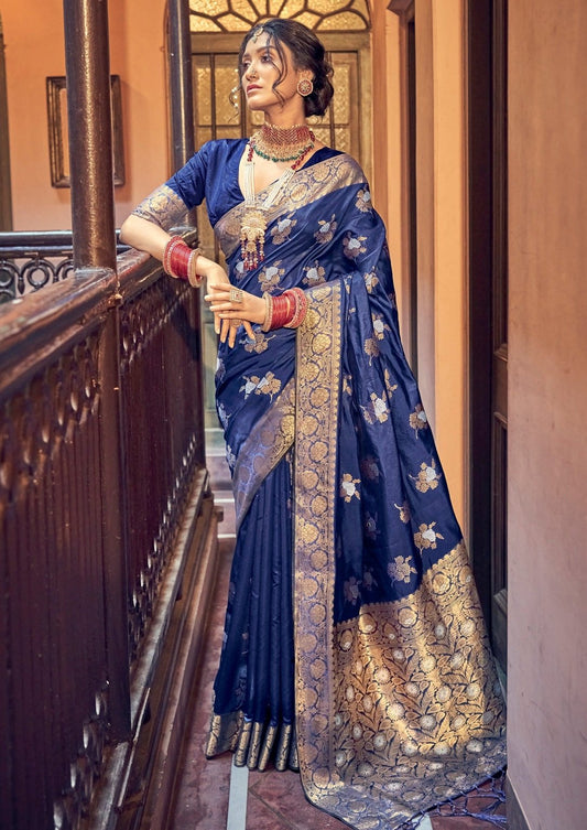 Shop royal blue banarasi silk saree blouse online for indian wedding look.