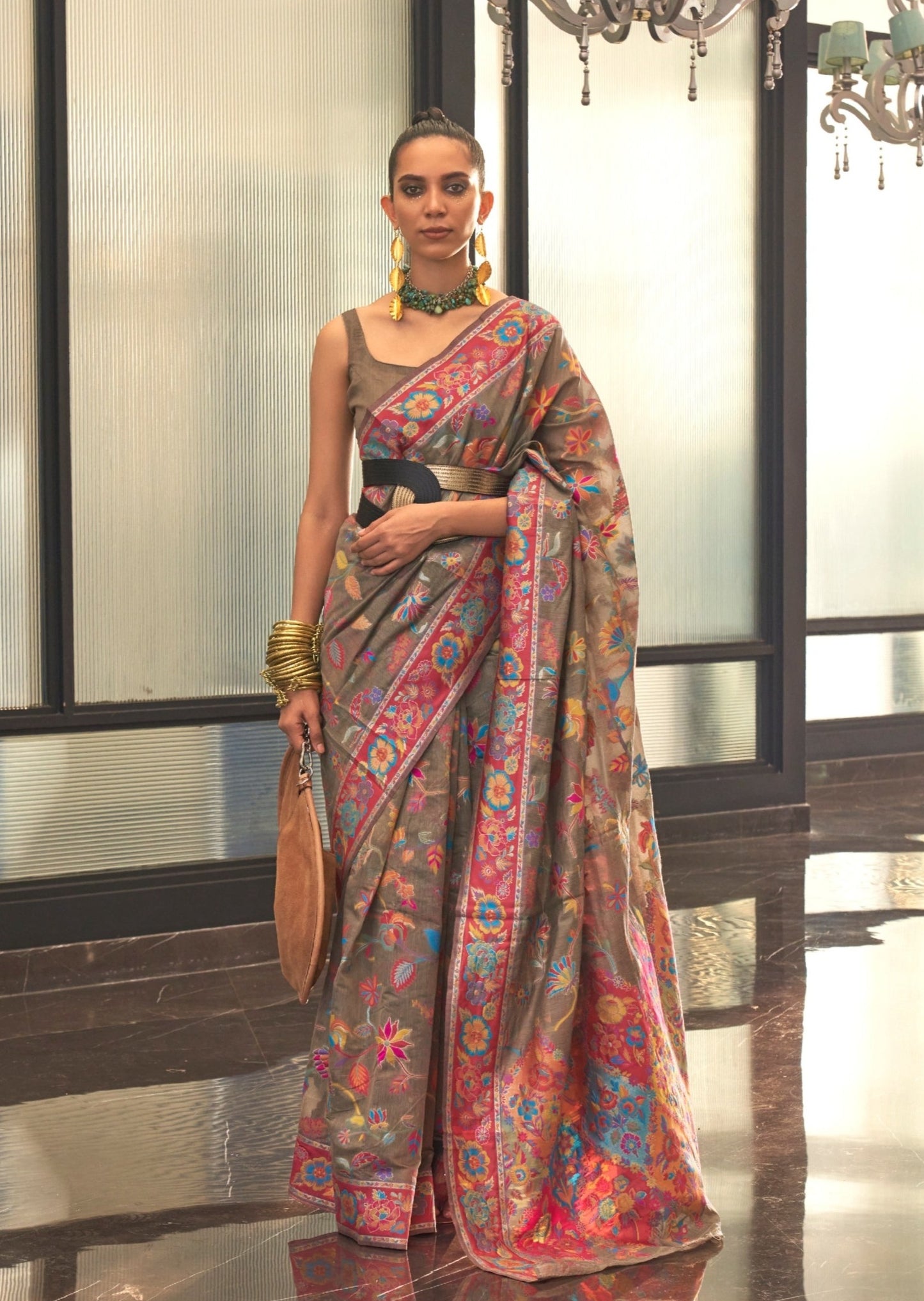 Kashmiri Jamawar Handloom Silk Grey Pashmina Saree