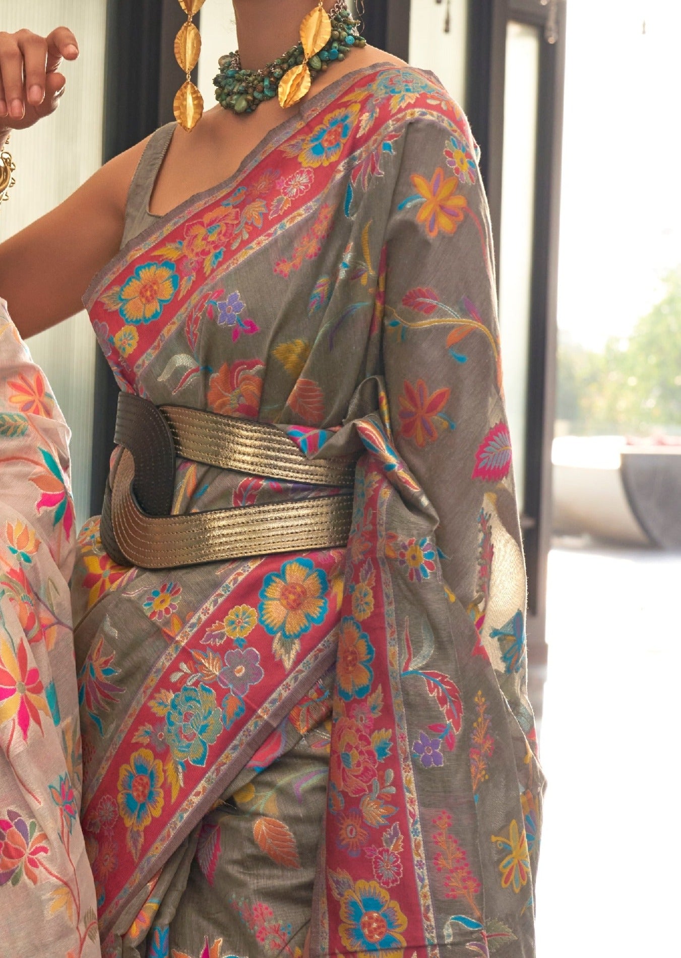 Kashmiri Jamawar Handloom Silk Grey Pashmina Saree