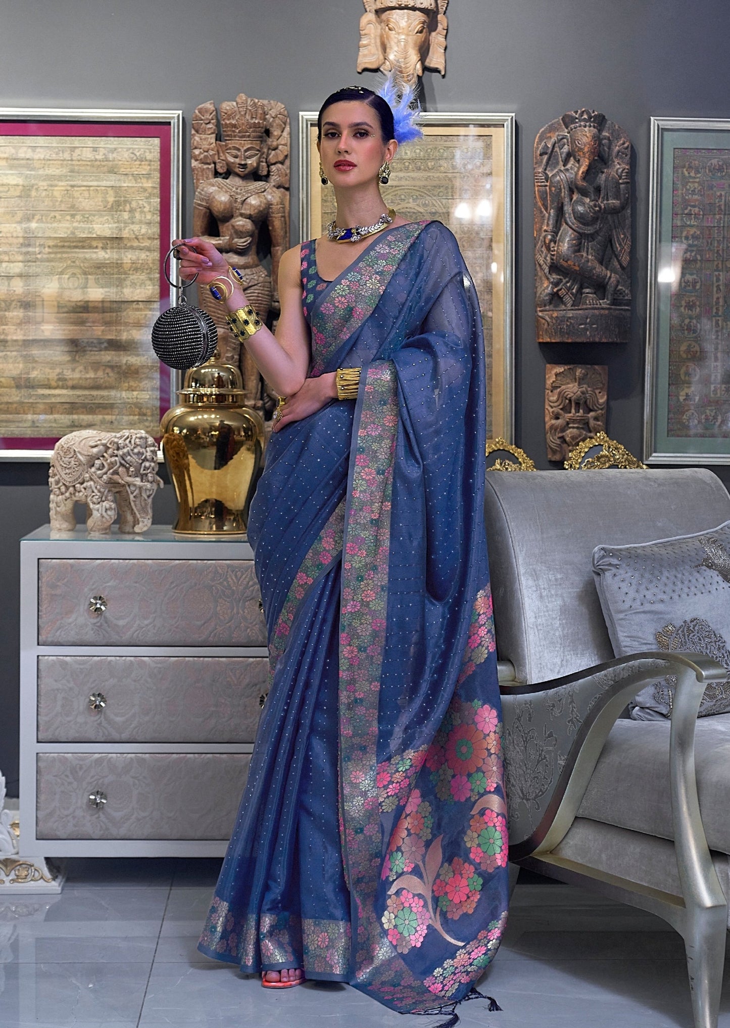 Pure Organza Blue Handloom Saree