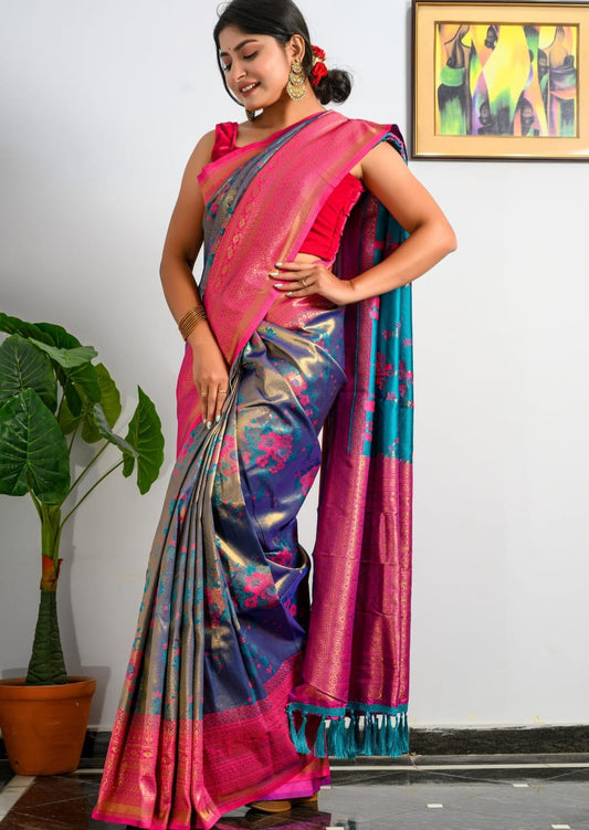 Pure Kanjivaram Silk Blue Handloom Saree