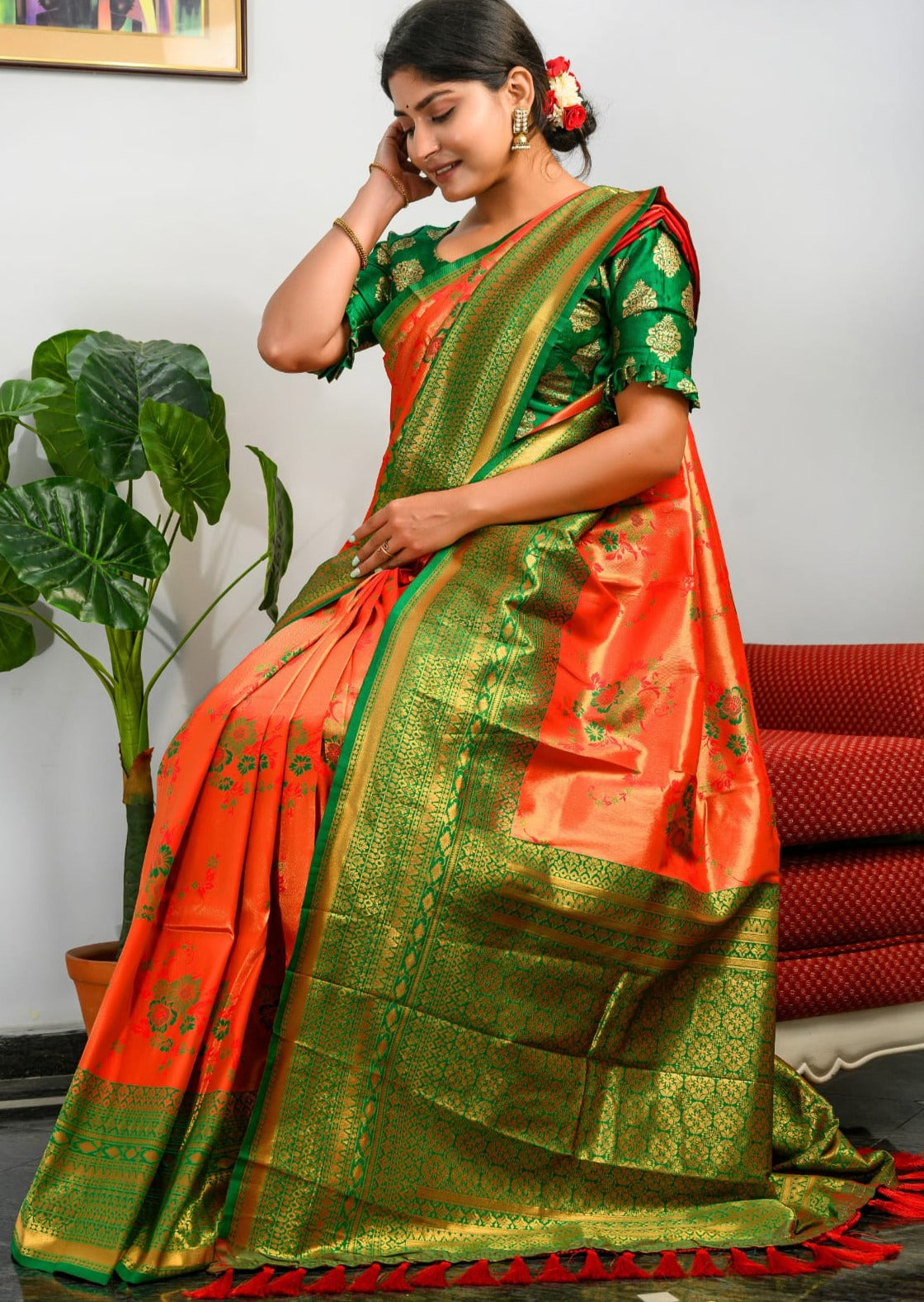 Orange kanchipuram silk saree online usa for wedding look.