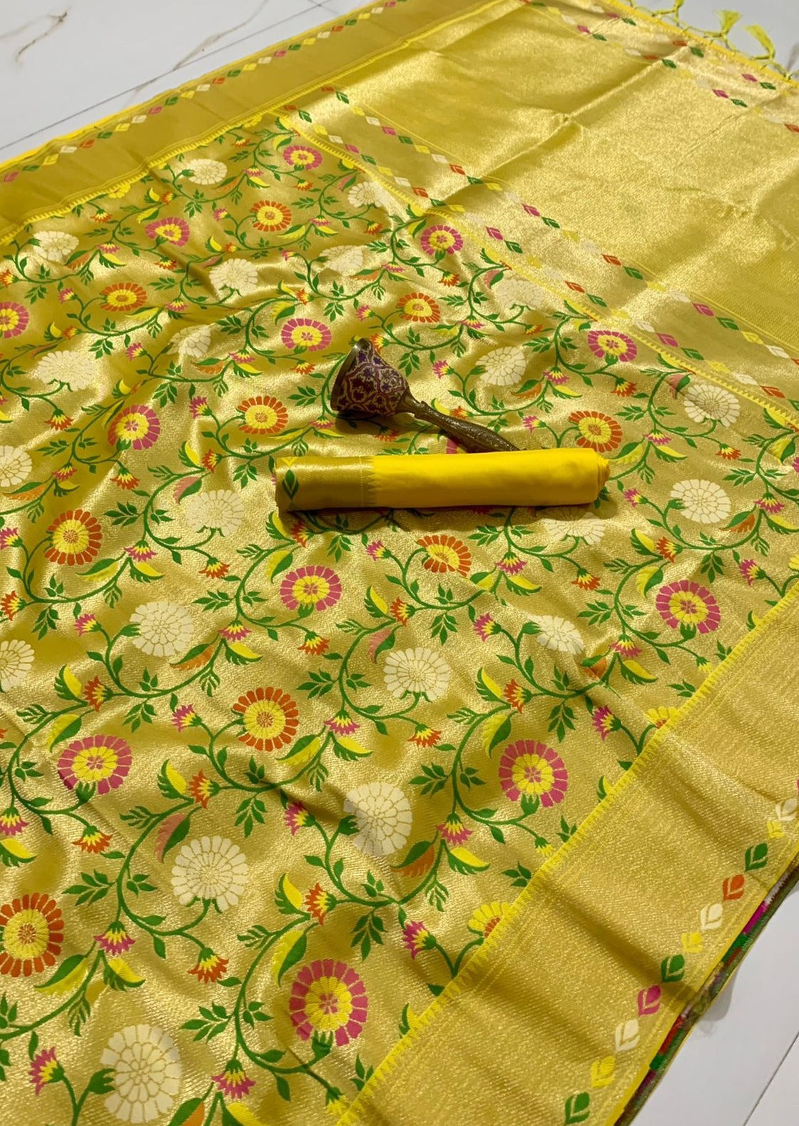Pure paithani silk saree online shopping in yellow color.