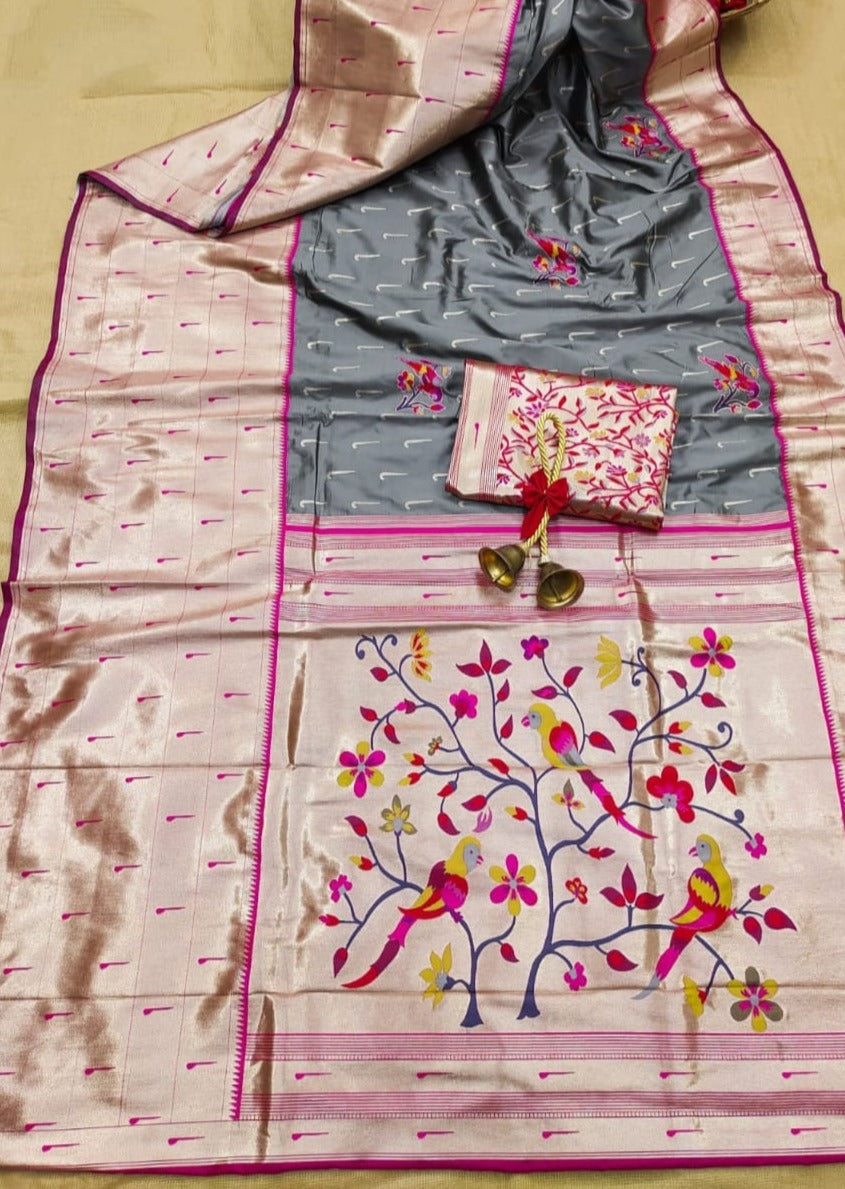 Grey colour Paithani Silk saree online