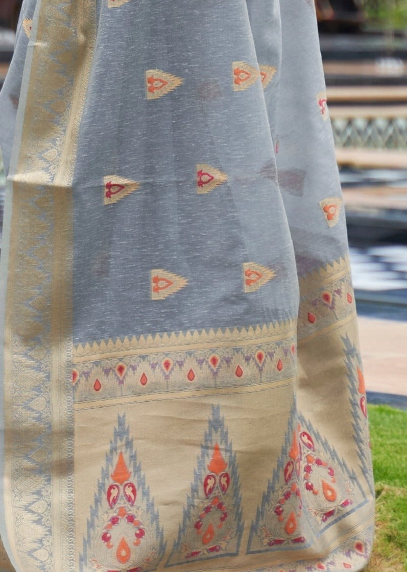 Pure Banarasi Linen Grey Handloom Saree