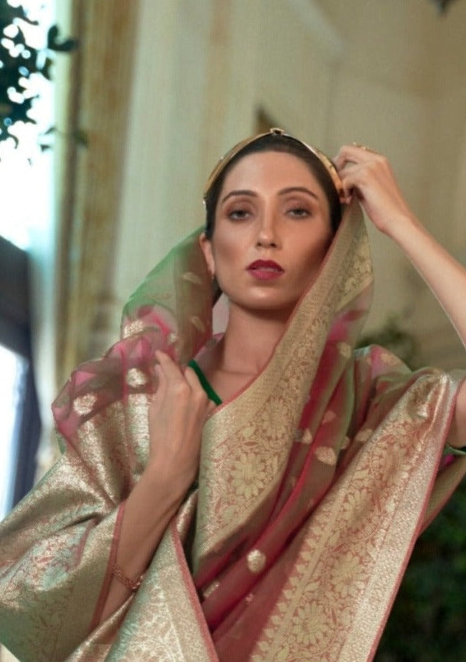 Pure Handloom Banarasi Organza Rust Brown Saree