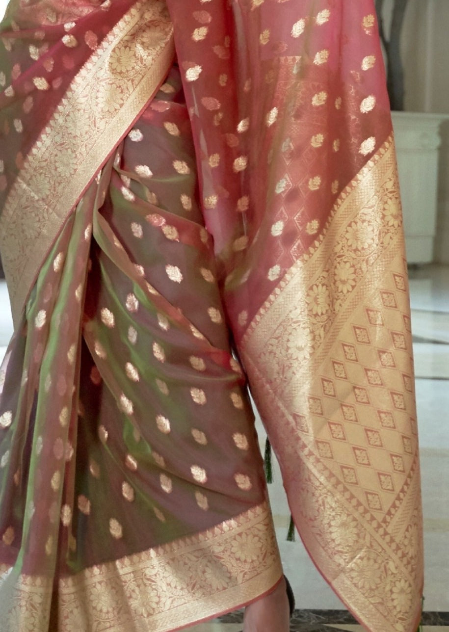 Pure Handloom Banarasi Organza Rust Brown Saree
